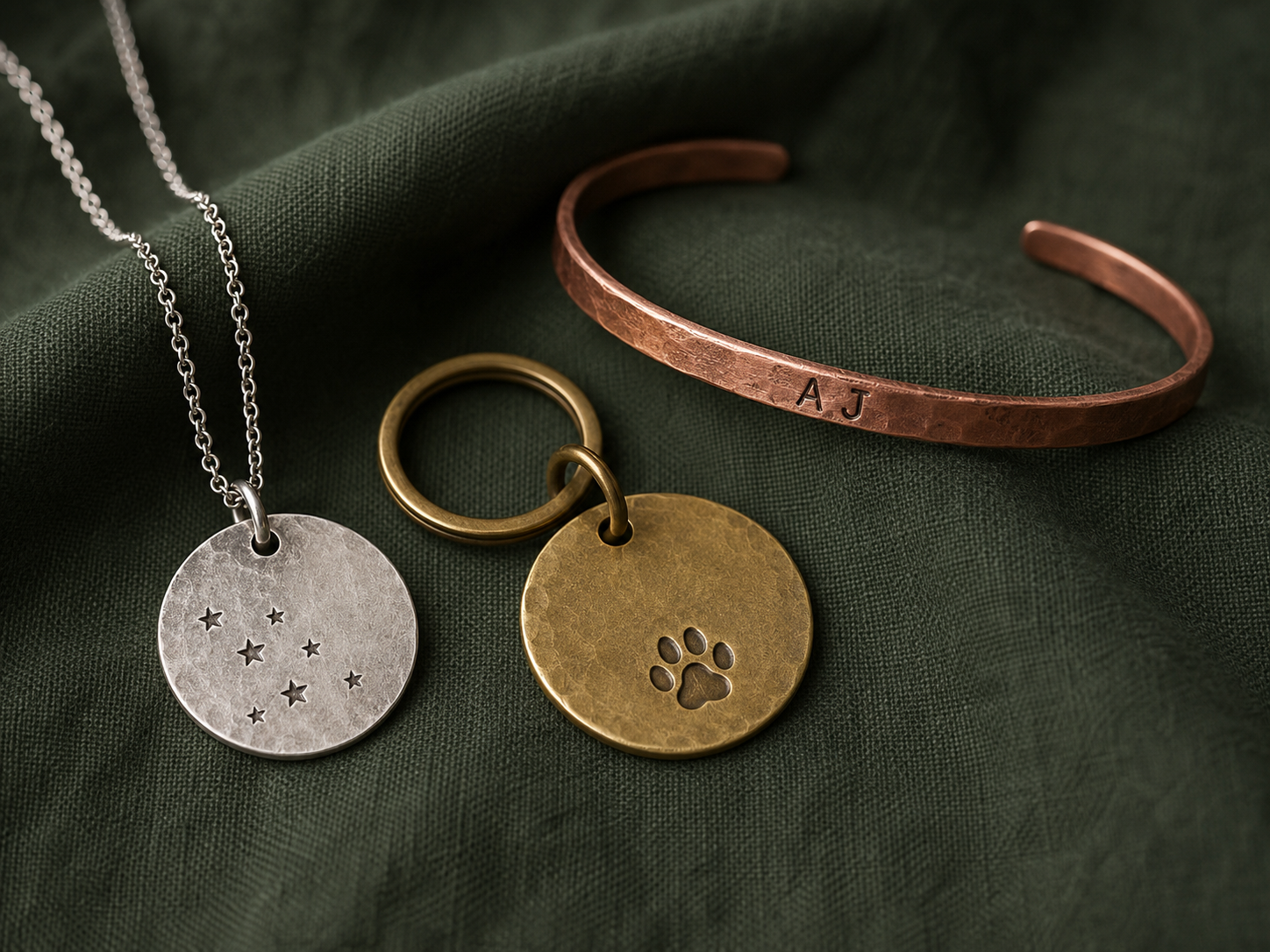 Small handmade metal keepsakes arranged on dark green linen